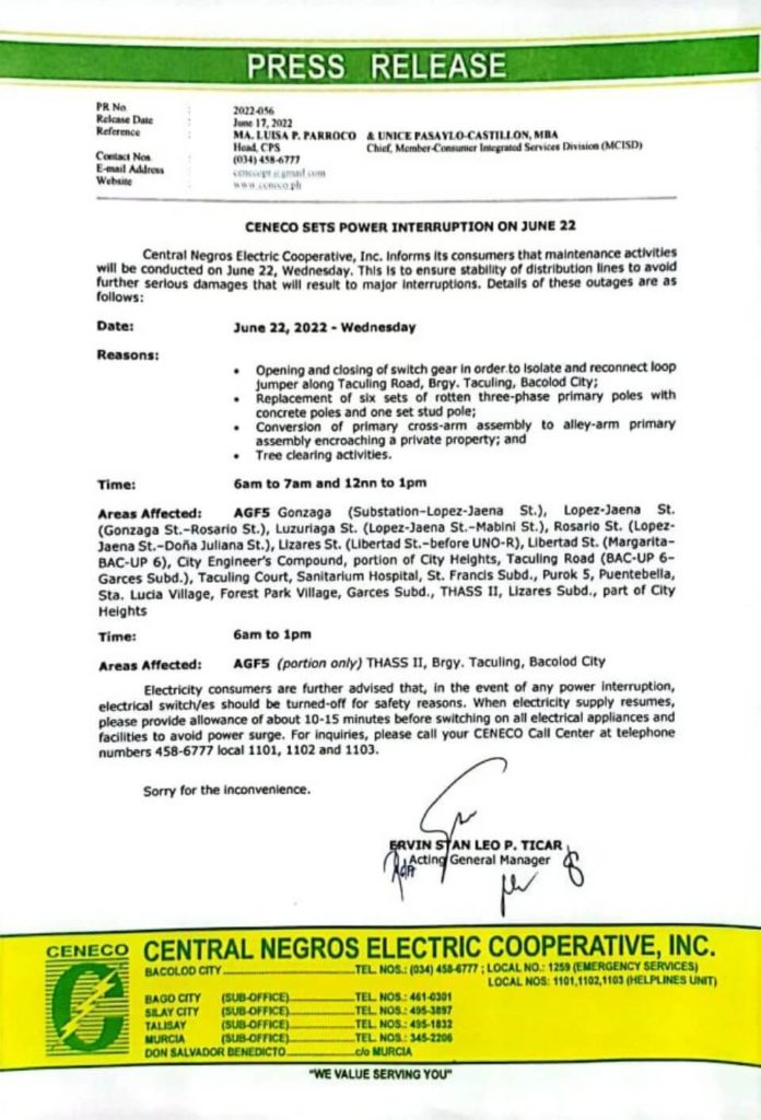 CENECO SETS POWER INTERRUPTION ON JUNE 22