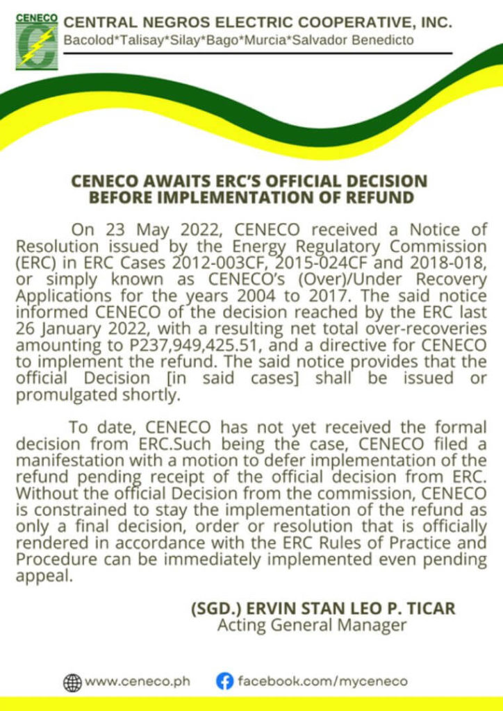 CENECO AWAITS ERC’S OFFICIAL DECISION BEFORE IMPLEMENTATION OF REFUND