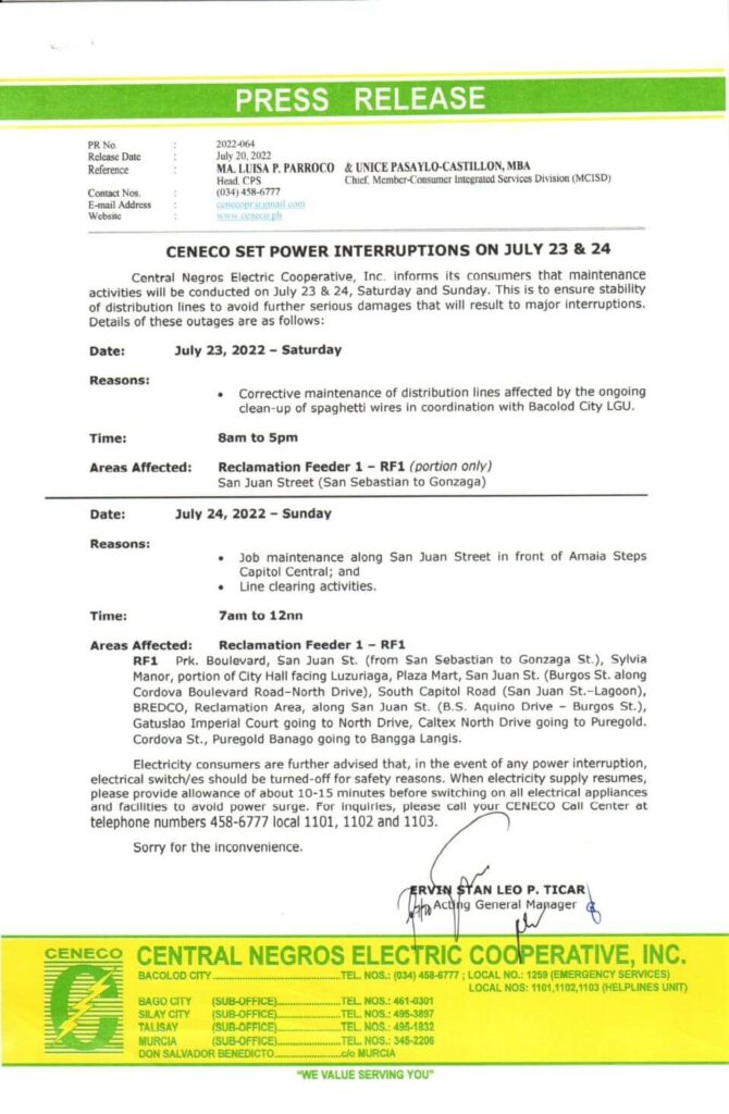 CENECO SET POWER INTERRUPTIONS ON JULY 23 & 24