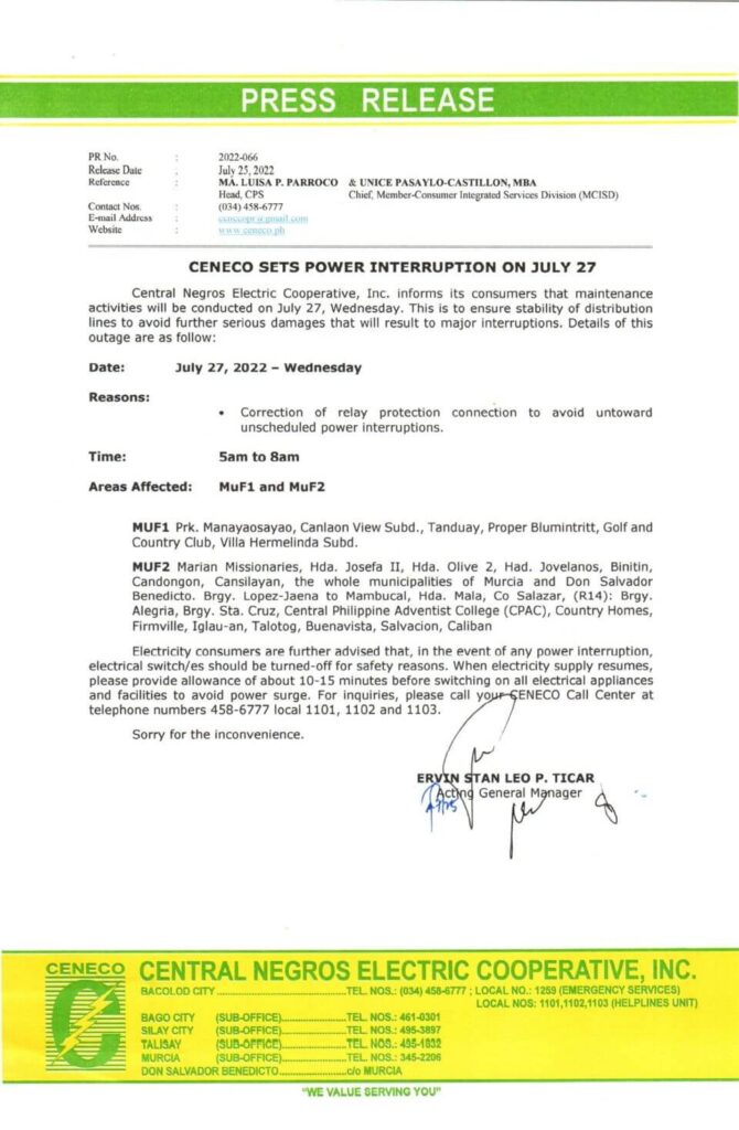 CENECO SETS POWER INTERRUPTION ON JULY 27