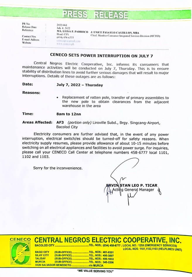 CENECO SETS POWER INTERRUPTION ON JULY 7