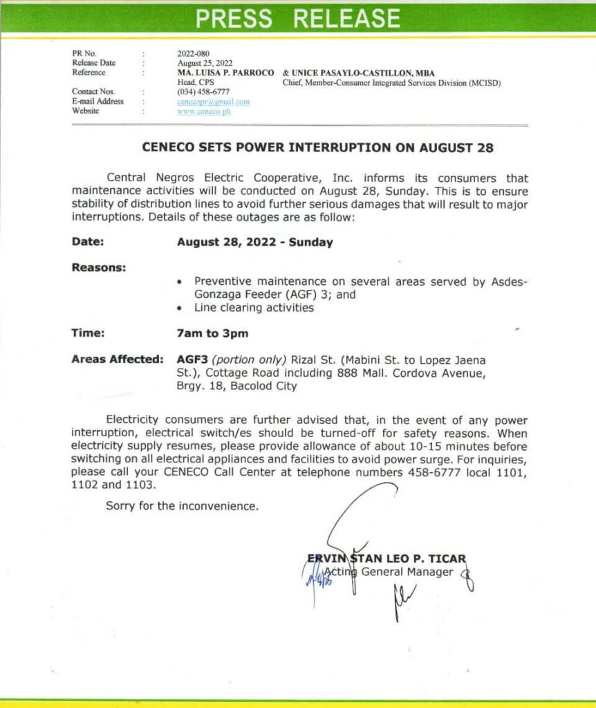 CENECO SETS POWER INTERRUPTION ON AUGUST 28