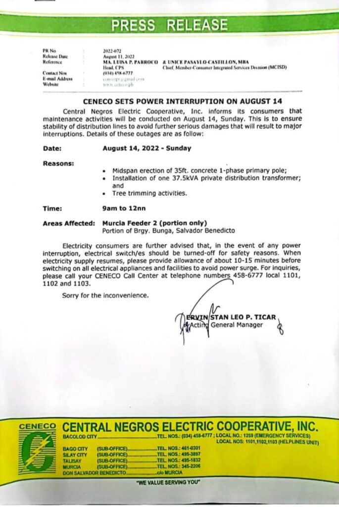 CENECO SETS POWER INTERRUPTION ON AUGUST 14