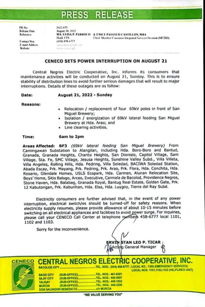 CENECO SETS POWER INTERRUPTION ON AUGUST 21