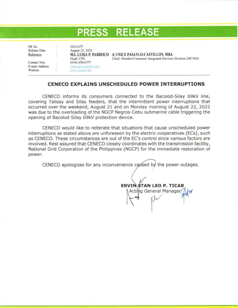 CENECO EXPLAINS UNSCHEDULED POWER INTERRUPTIONS