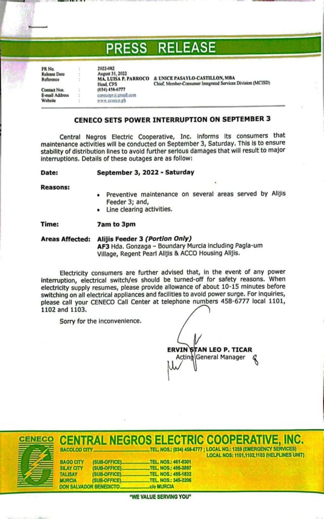 CENECO SETS POWER INTERRUPTION ON SEPTEMBER 3