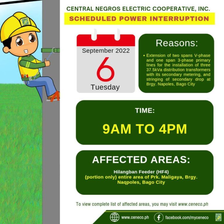 CENECO SETS POWER INTERRUPTIONS ON SEPTEMBER 6 AND 7