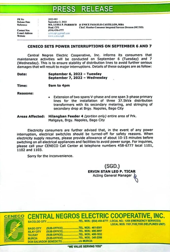 CENECO SETS POWER INTERRUPTIONS ON SEPTEMBER 6 AND 7