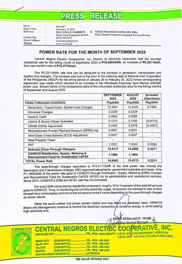 POWER RATE FOR THE MONTH OF SEPTEMBER 2022