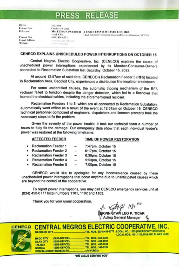 CENECO EXPLAINS UNSCHEDULED POWER INTERRUPTIONS ON OCTOBER 15