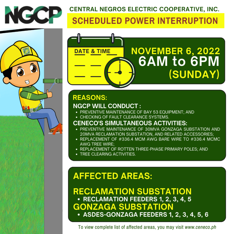 NGCP AND CENECO SET POWER INTERRUPTION ON NOVEMBER 6