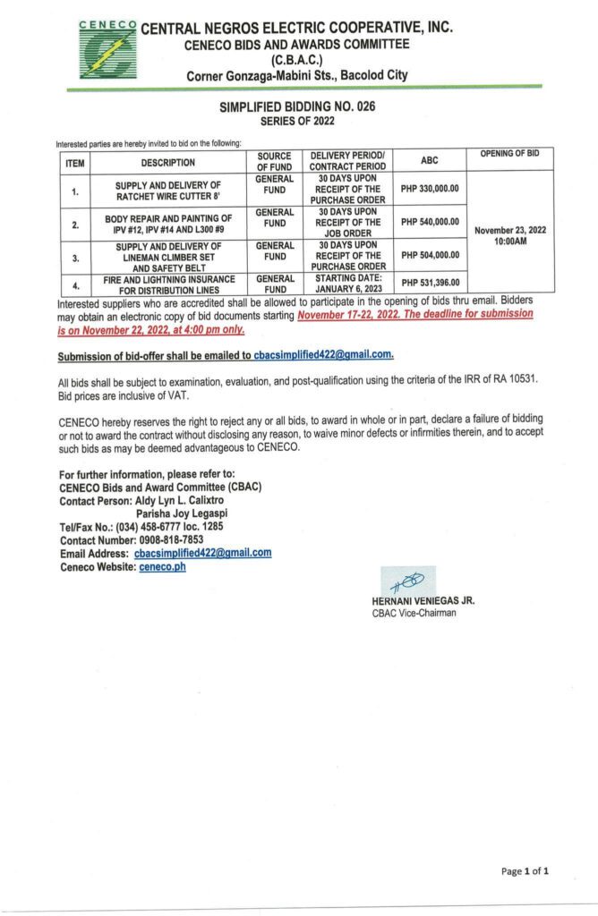 Simplified Bidding No. 026-2021 Series of 2022