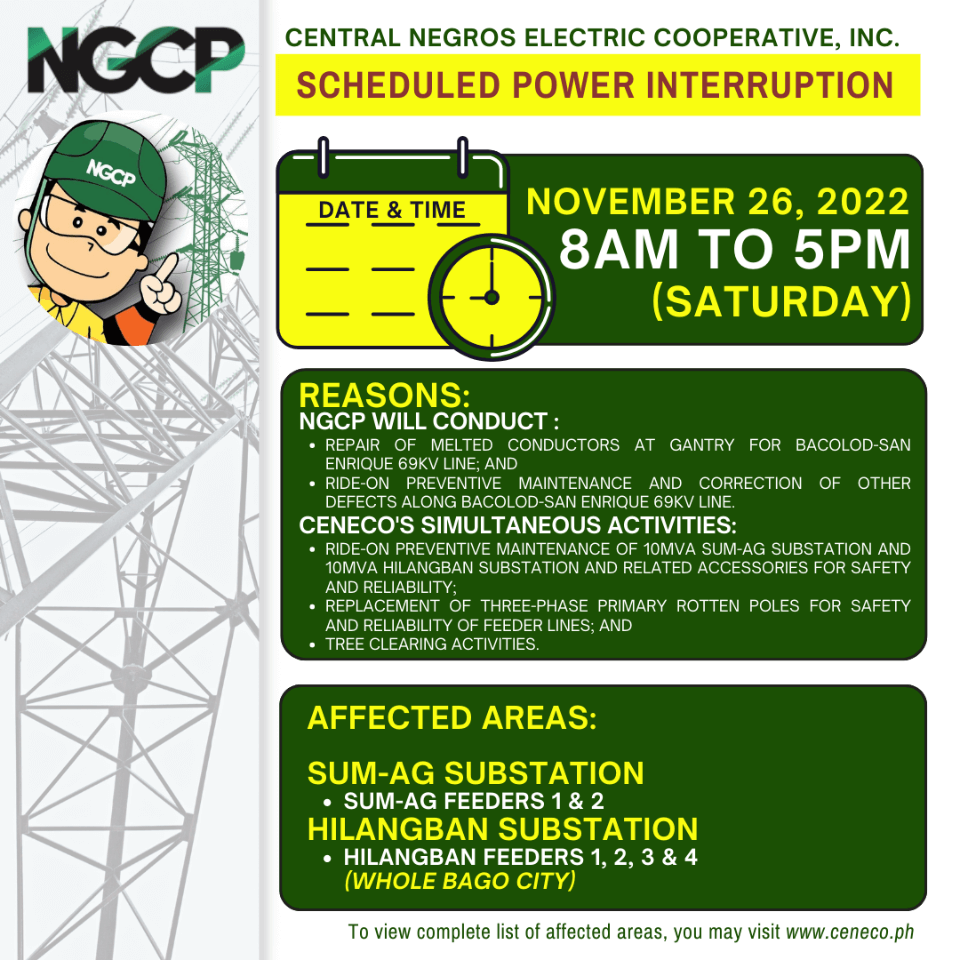 NGCP SETS POWER INTERRUPTION ON NOVEMBER 26