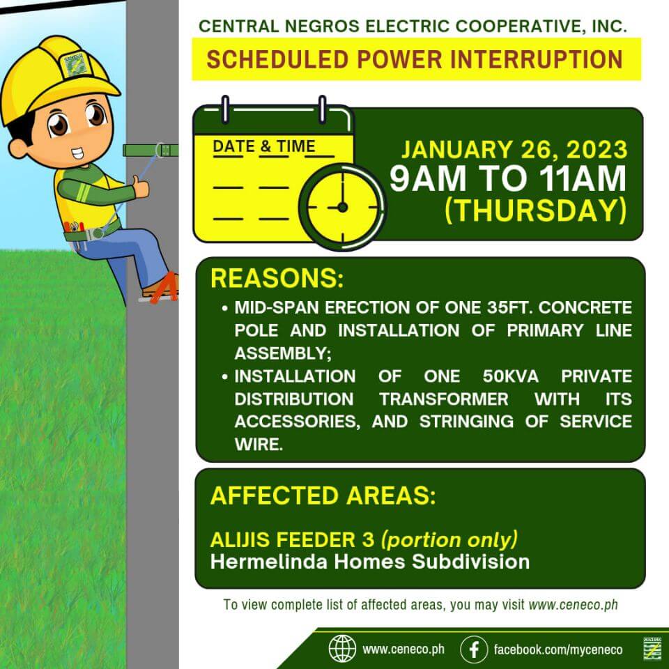 CENECO SETS POWER INTERRUPTIONS ON JANUARY 26 AND 28