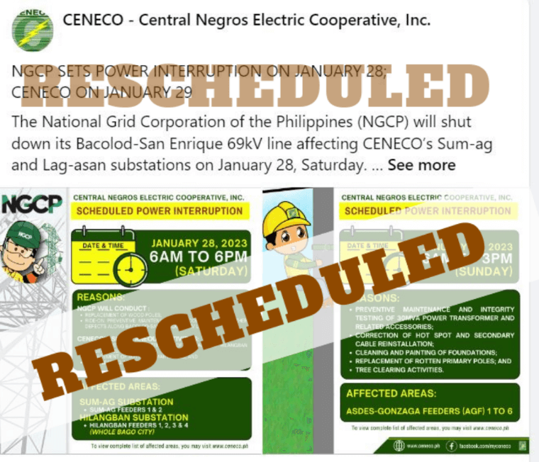 NGCP AND CENECO RESCHEDULE POWER INTERRUPTIONS