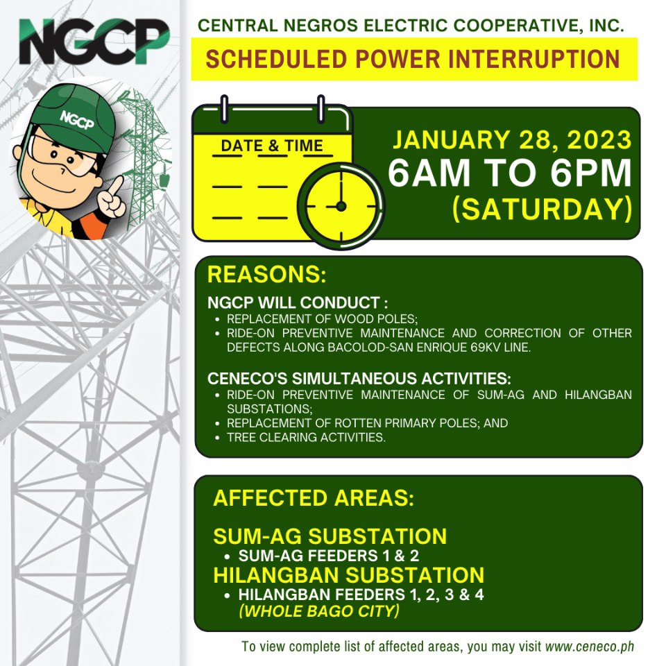 NGCP SETS POWER INTERRUPTION ON JANUARY 28; CENECO ON JANUARY 29