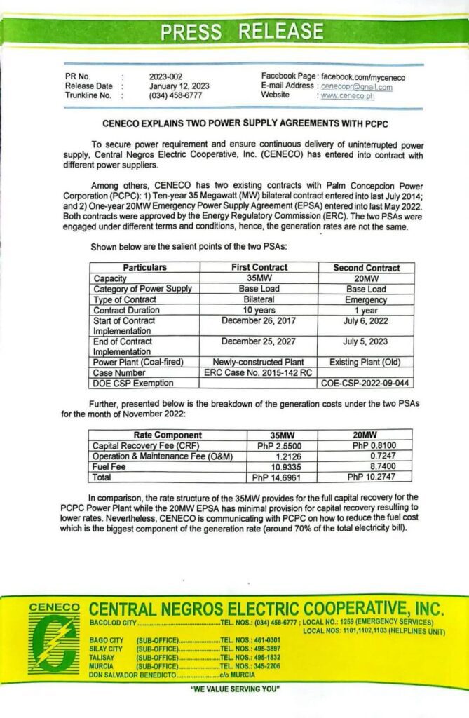 CENECO EXPLAINS TWO POWER SUPPLY AGREEMENTS WITH PCPC