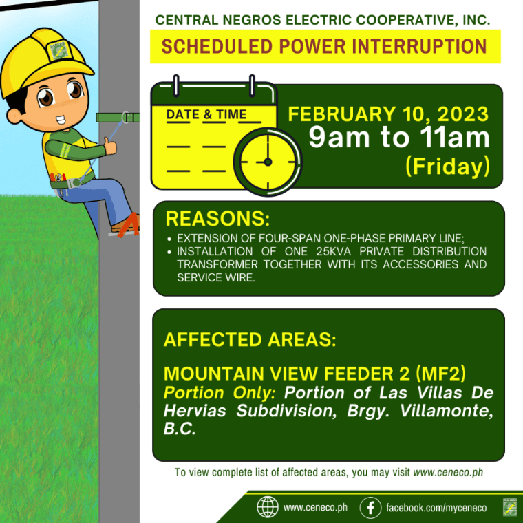 CENECO Power Advisory Scheduled Power Interruption - February 10, 2023 - Friday