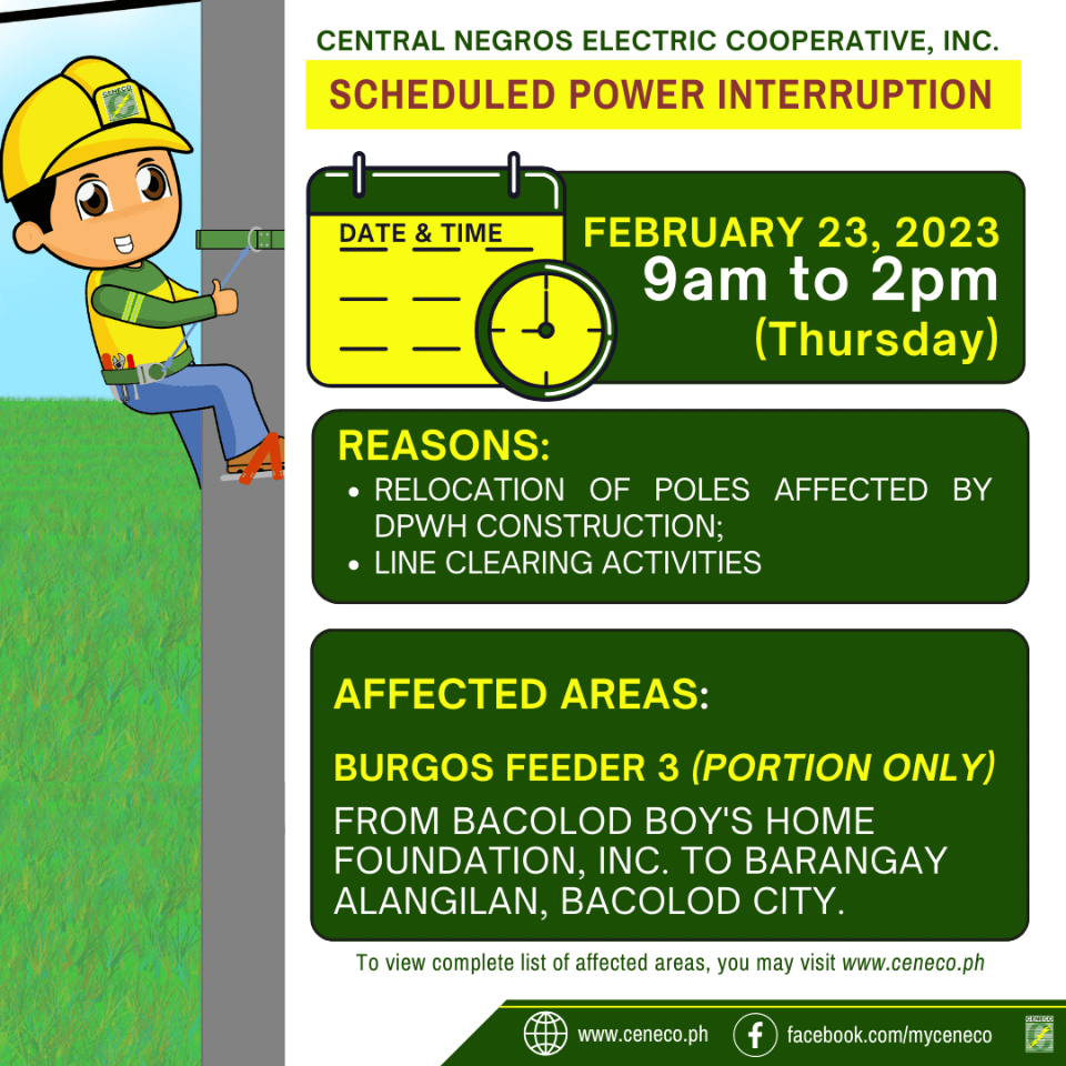 CENECO SETS POWER INTERRUPTION ON FEBRUARY 23