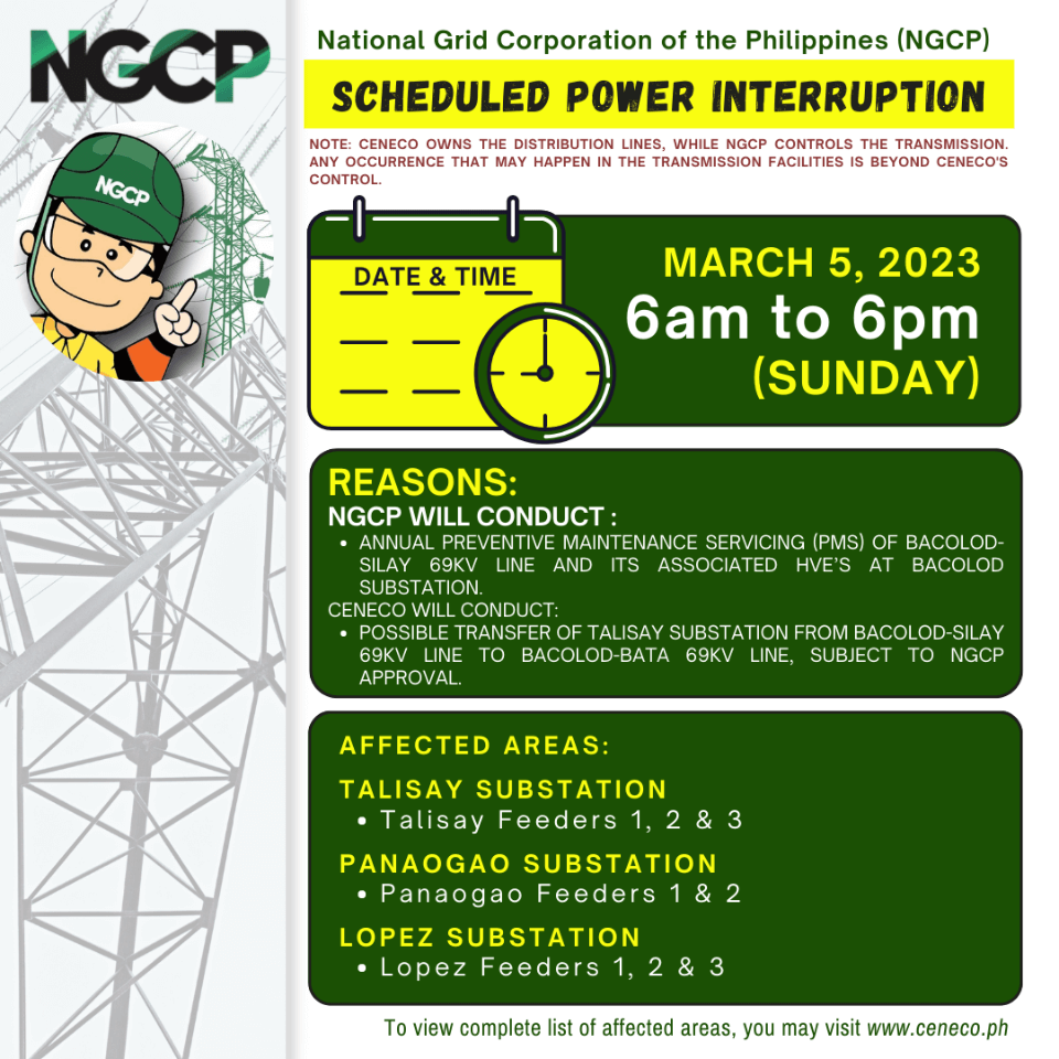 NGCP SET POWER INTERRUPTIONS ON MARCH 4 & 5