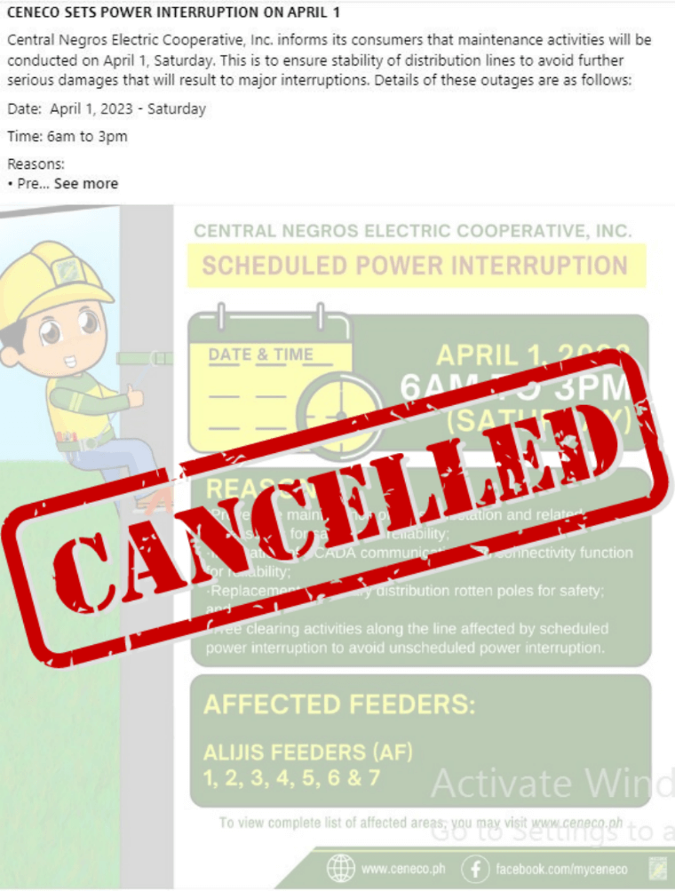 CENECO SETS POWER INTERRUPTION ON APRIL 1 - CANCELLED