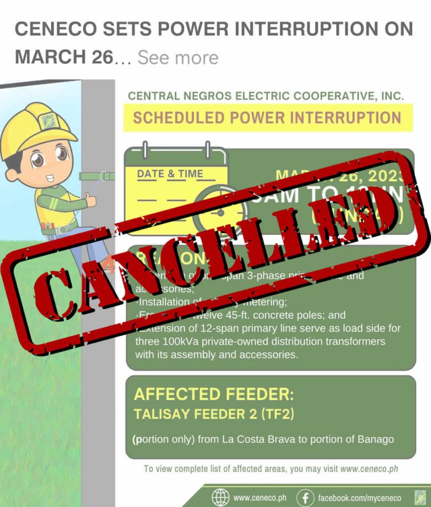 CENECO SETS POWER INTERRUPTION ON MARCH 26