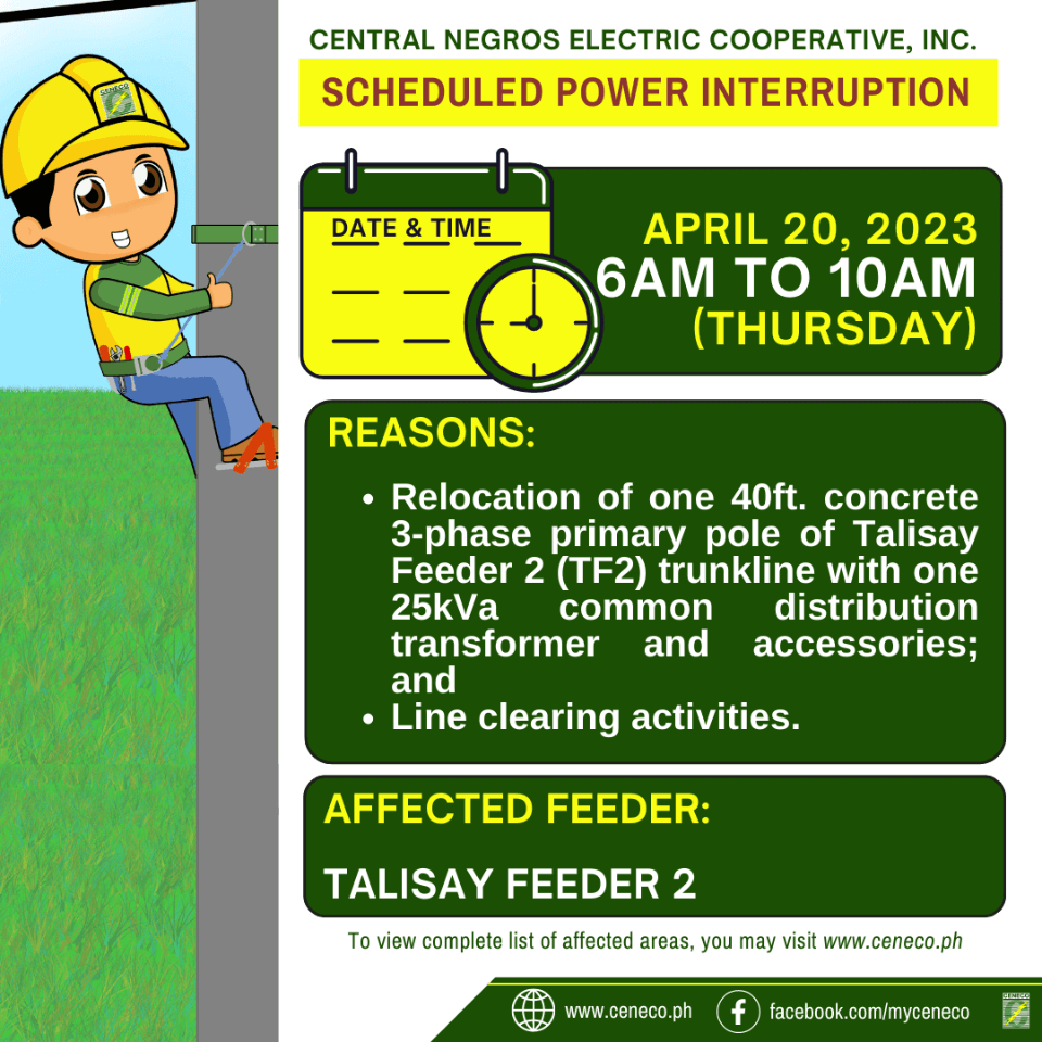 CENECO SET POWER INTERRUPTIONS ON APRIL 20