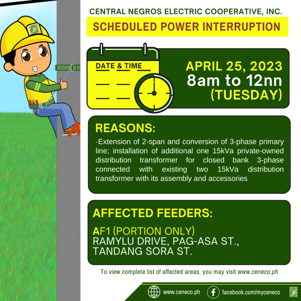 CENECO SET POWER INTERRUPTIONS ON APRIL 25