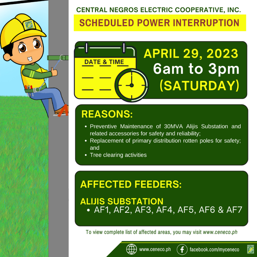 CENECO SET POWER INTERRUPTIONS ON APRIL 29-30,