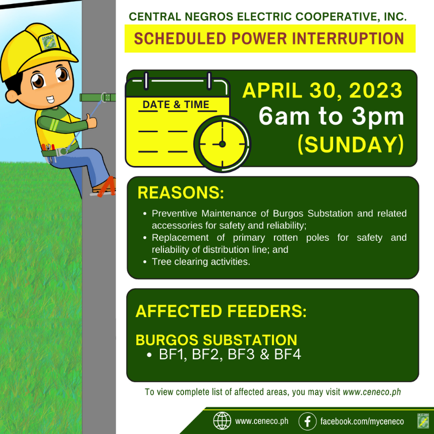 CENECO SET POWER INTERRUPTIONS ON APRIL 29-30,