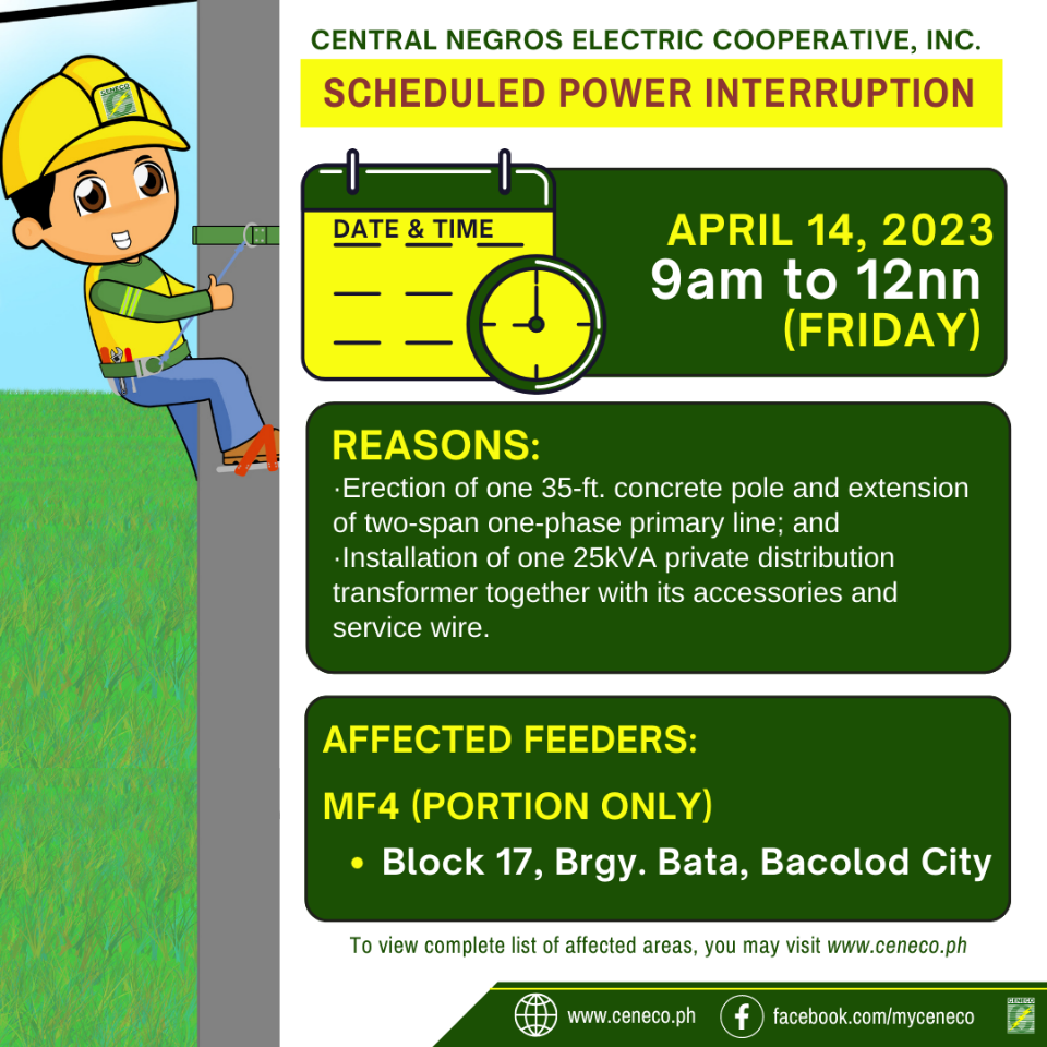 CENECO SET POWER INTERRUPTIONS ON APRIL 14 & 15