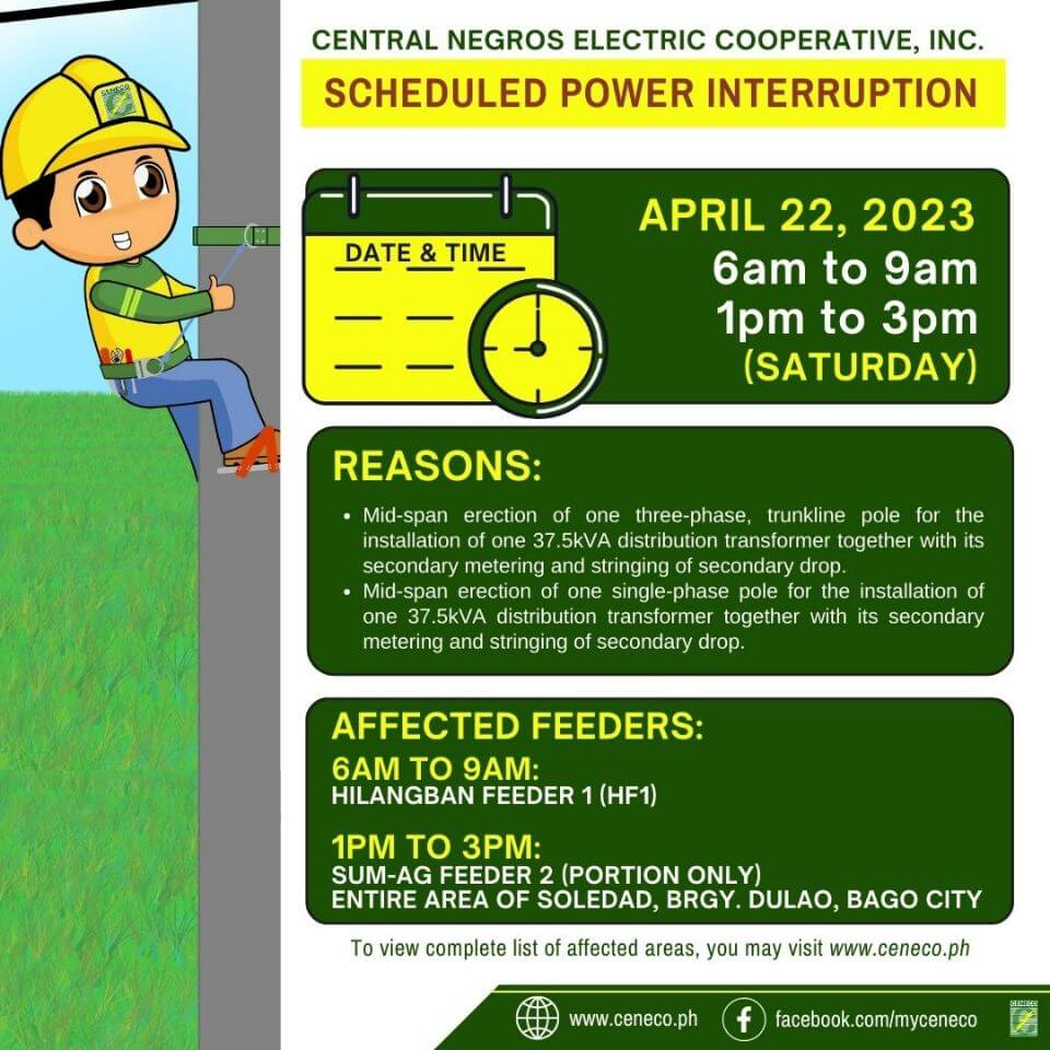 CENECO SET POWER INTERRUPTIONS ON APRIL 22