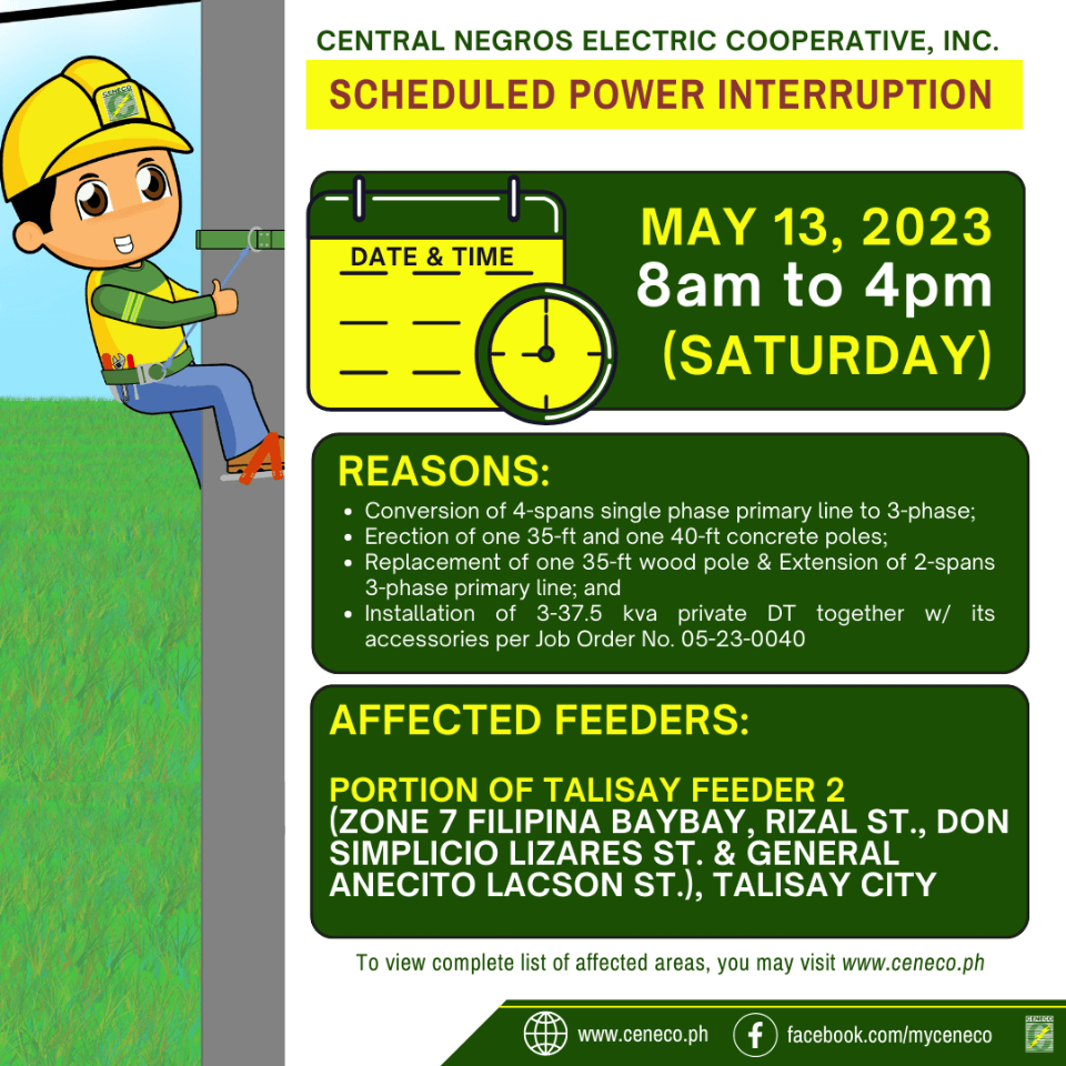 CENECO SET POWER INTERRUPTIONS ON MAY 13 - Portion of Talisay Feeder 2