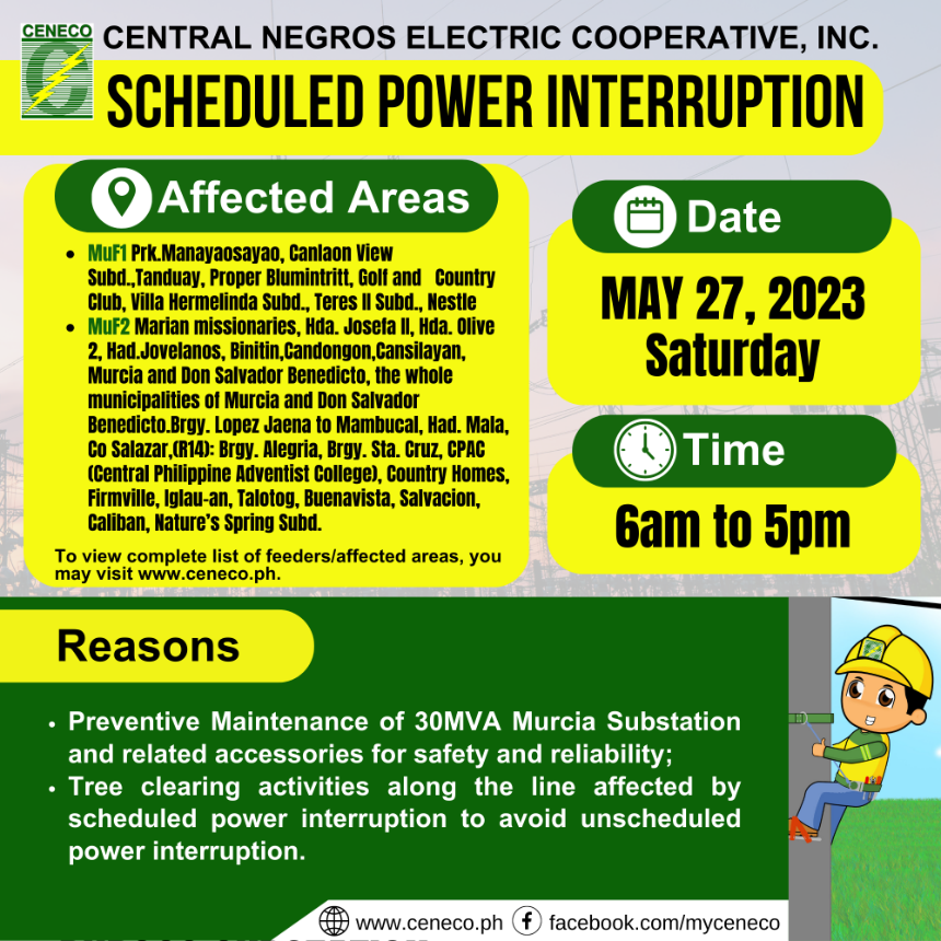 CENECO SET POWER INTERRUPTIONS ON MAY 27 - MuF1-MuF2