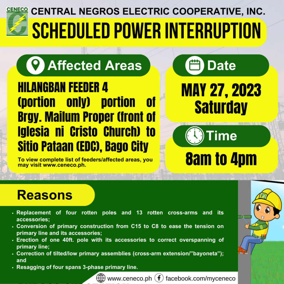 CENECO SET POWER INTERRUPTIONS ON MAY 27