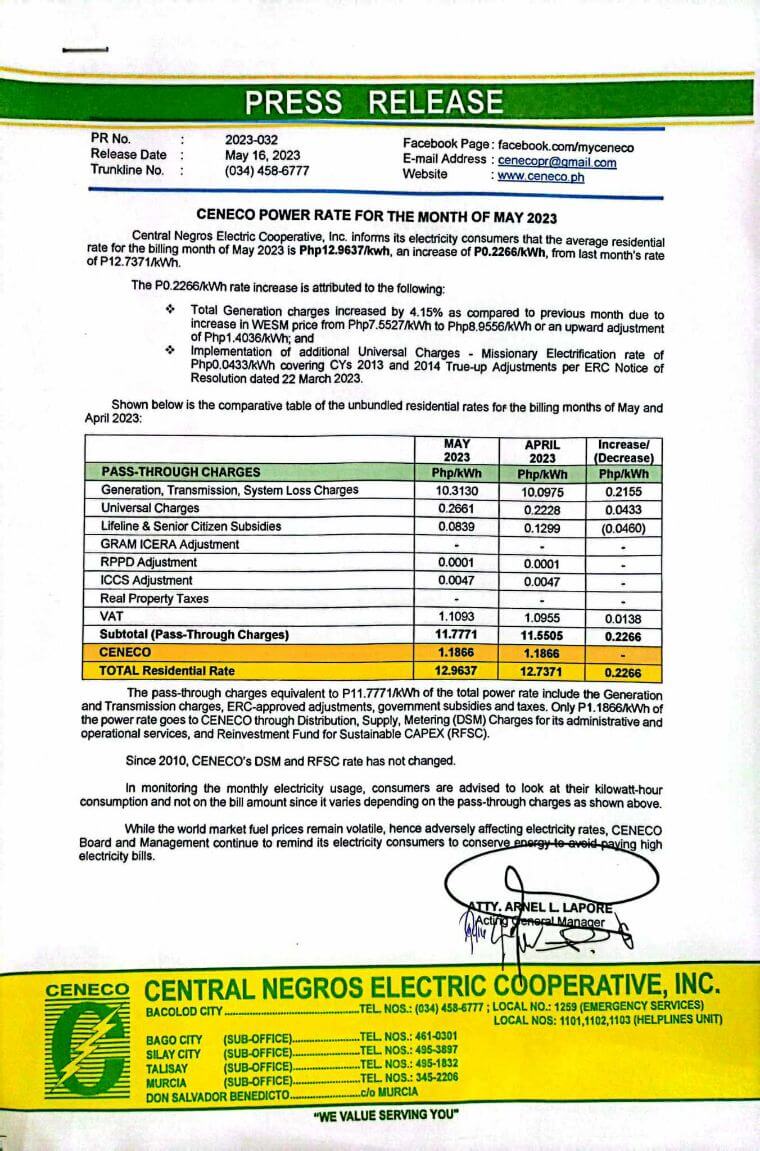 CENECO POWER RATE FOR THE MONTH OF MAY 2023