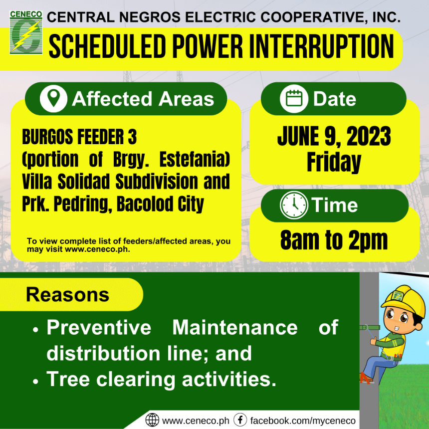 CENECO SETS POWER INTERRUPTION ON JUNE 9