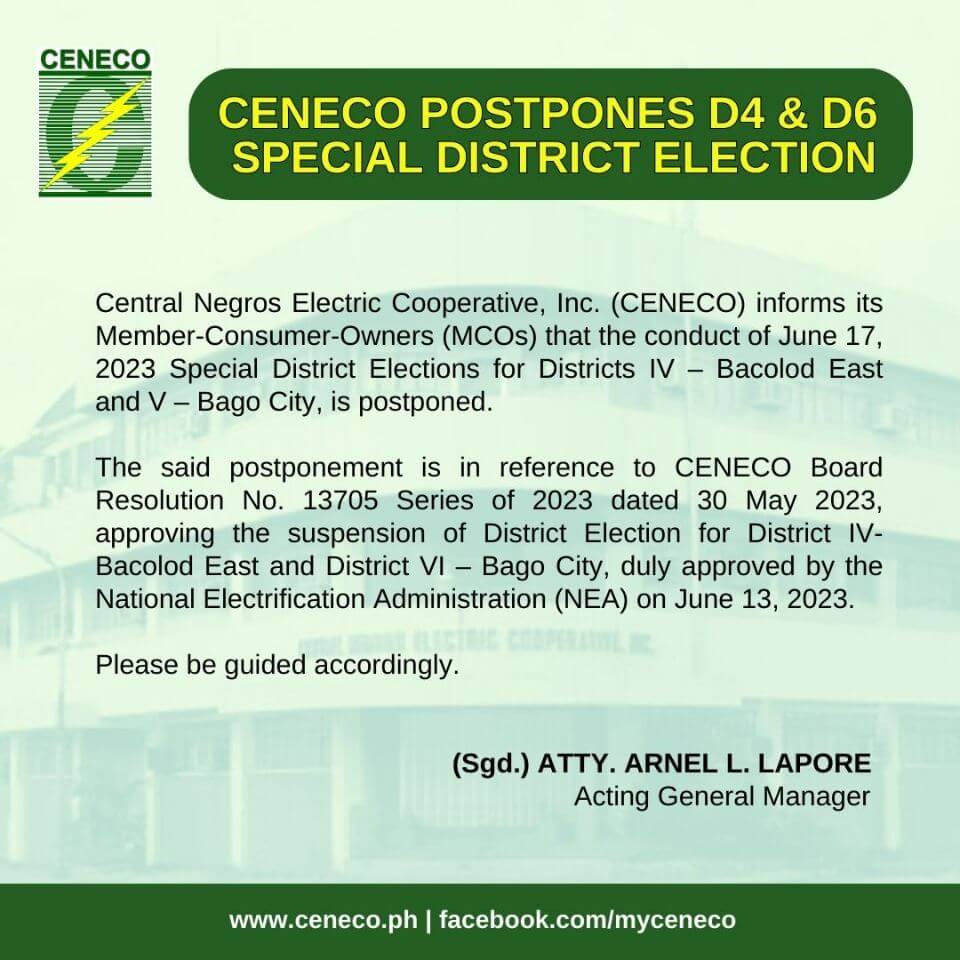 CENECO POSTPONES D4 & D6 SPECIAL DISTRICT ELECTION