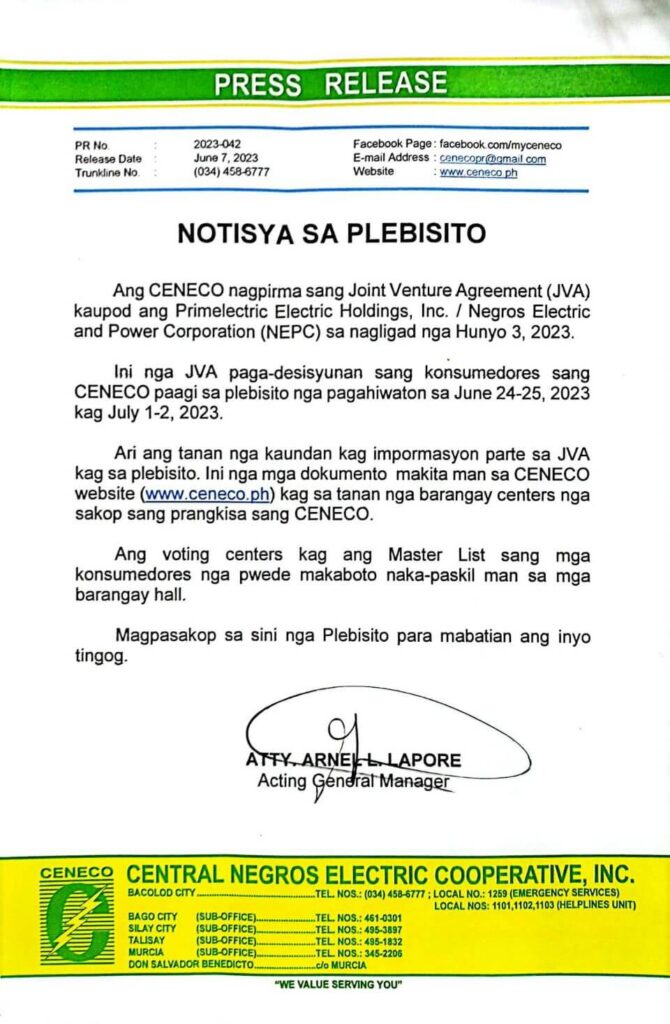 CENECO NOTICE OF PLEBISCITE (NOTISYA SA PLEBISITO)