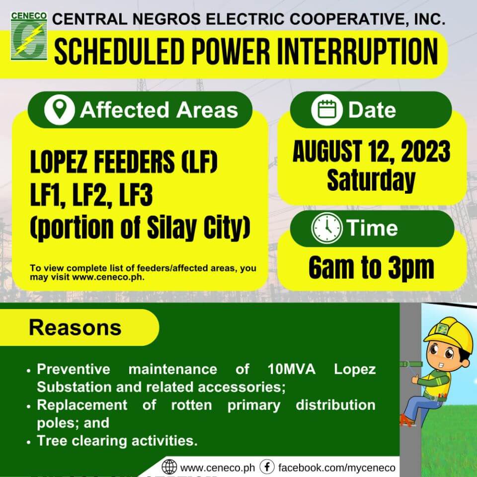 CENECO SETS POWER INTERRUPTIONS ON AUGUST 12 AND 13 - Saturday and Sunday