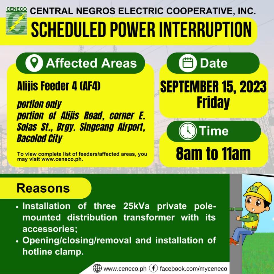 CENECO SETS POWER INTERRUPTIONS ON SEPTEMBER 15, 16 AND 17