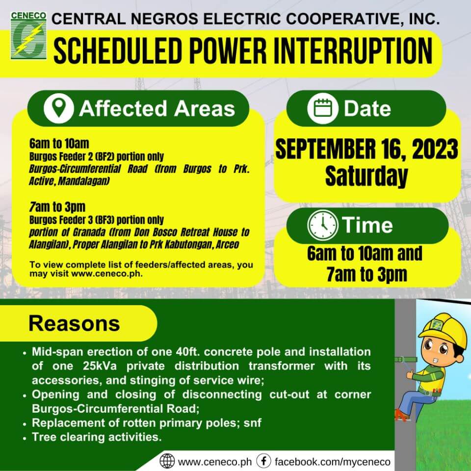 CENECO SETS POWER INTERRUPTIONS ON SEPTEMBER 15, 16 AND 17