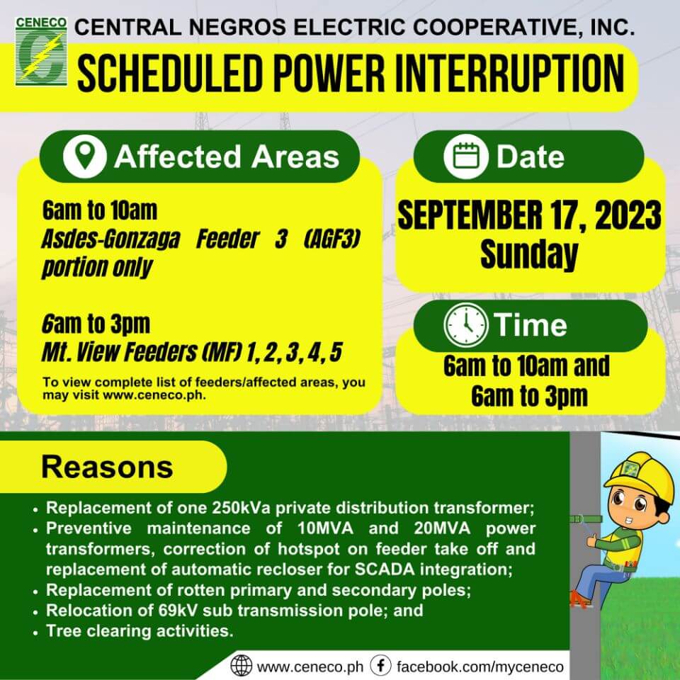 CENECO SETS POWER INTERRUPTIONS ON SEPTEMBER 15, 16 AND 17