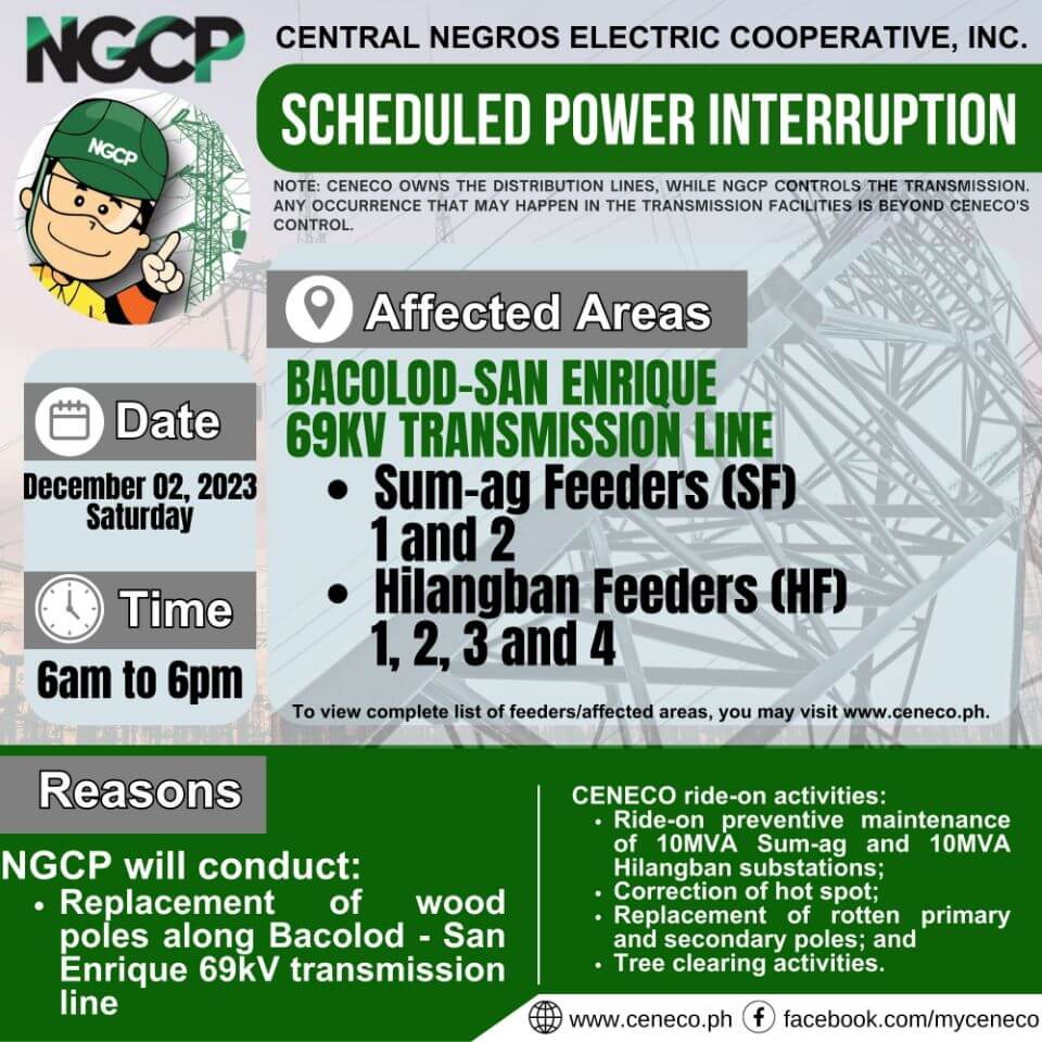 NGCP SETS POWER INTERRUPTION ON DECEMBER 02; CENECO ON DECEMBER 03