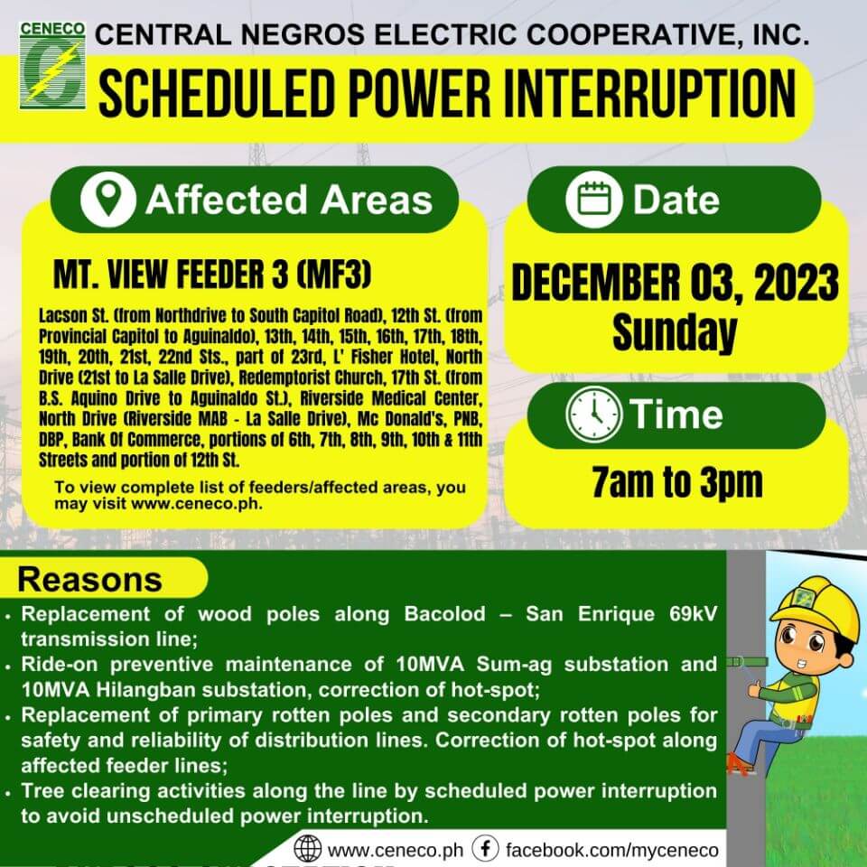 NGCP SETS POWER INTERRUPTION ON DECEMBER 02; CENECO ON DECEMBER 03