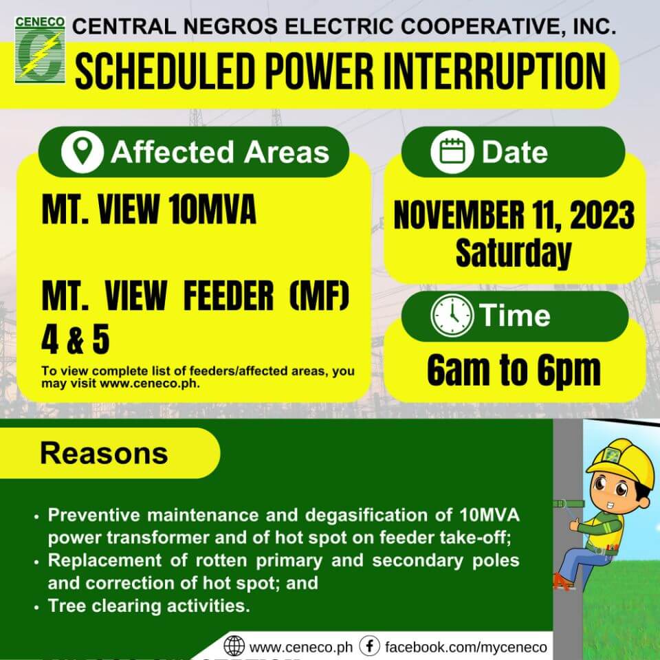 CENECO SETS POWER INTERRUPTIONS ON NOVEMBER 11 AND 12