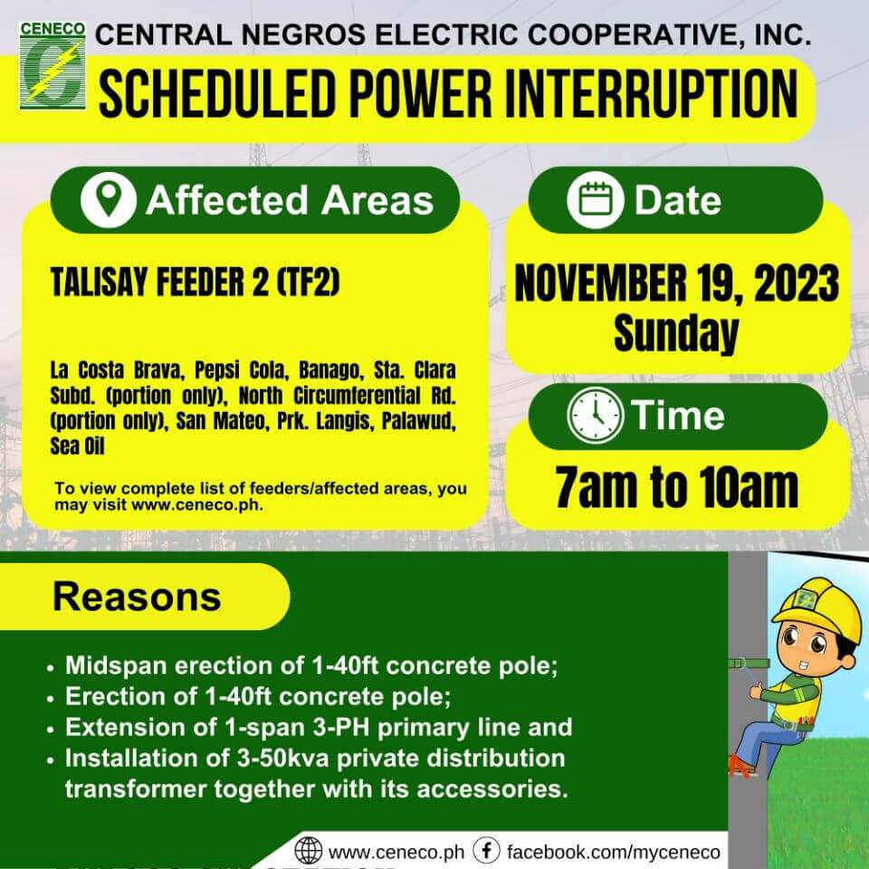 CENECO SETS POWER INTERRUPTION ON NOVEMBER 19 (Talisay Feeder 2)