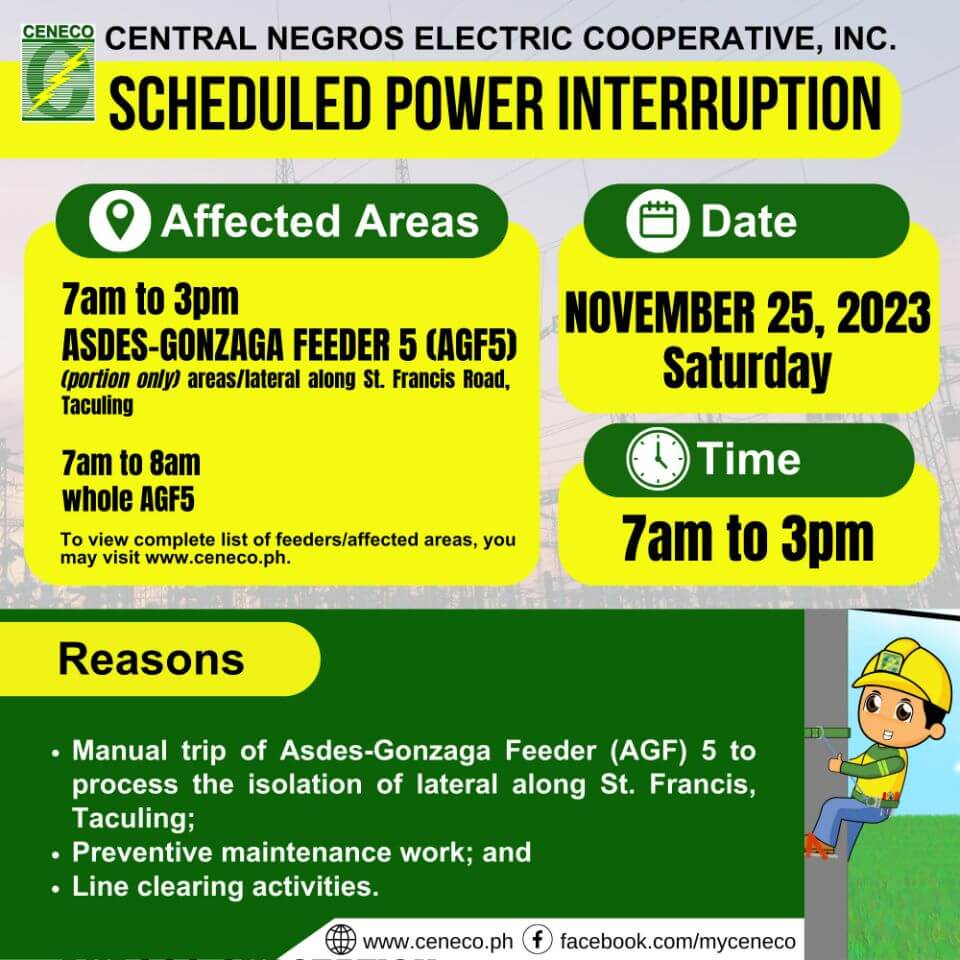 CENECO SETS POWER INTERRUPTIONS ON NOVEMBER 25 AND 26