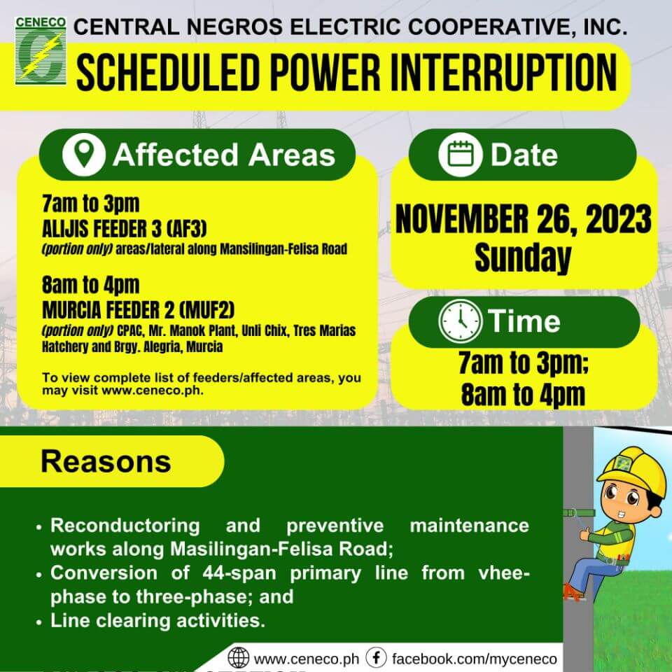 CENECO SETS POWER INTERRUPTIONS ON NOVEMBER 25 AND 26