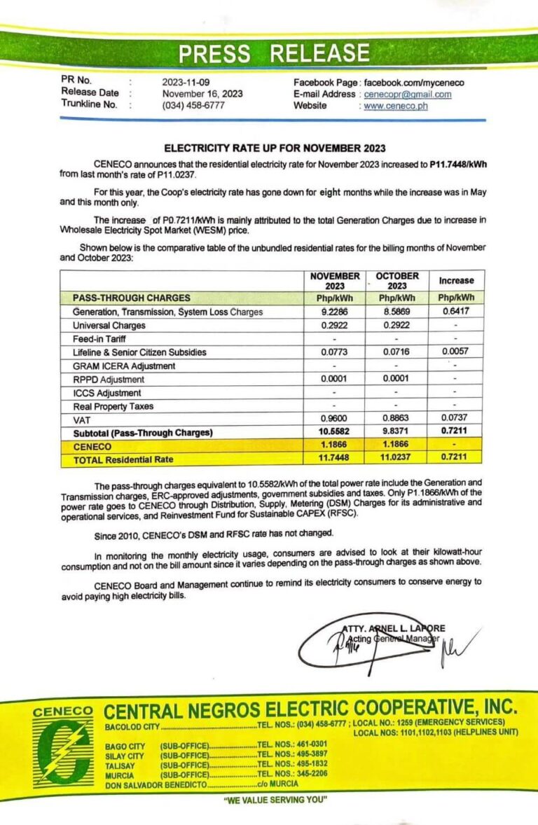 ELECTRICITY RATE UP FOR NOVEMBER 2023